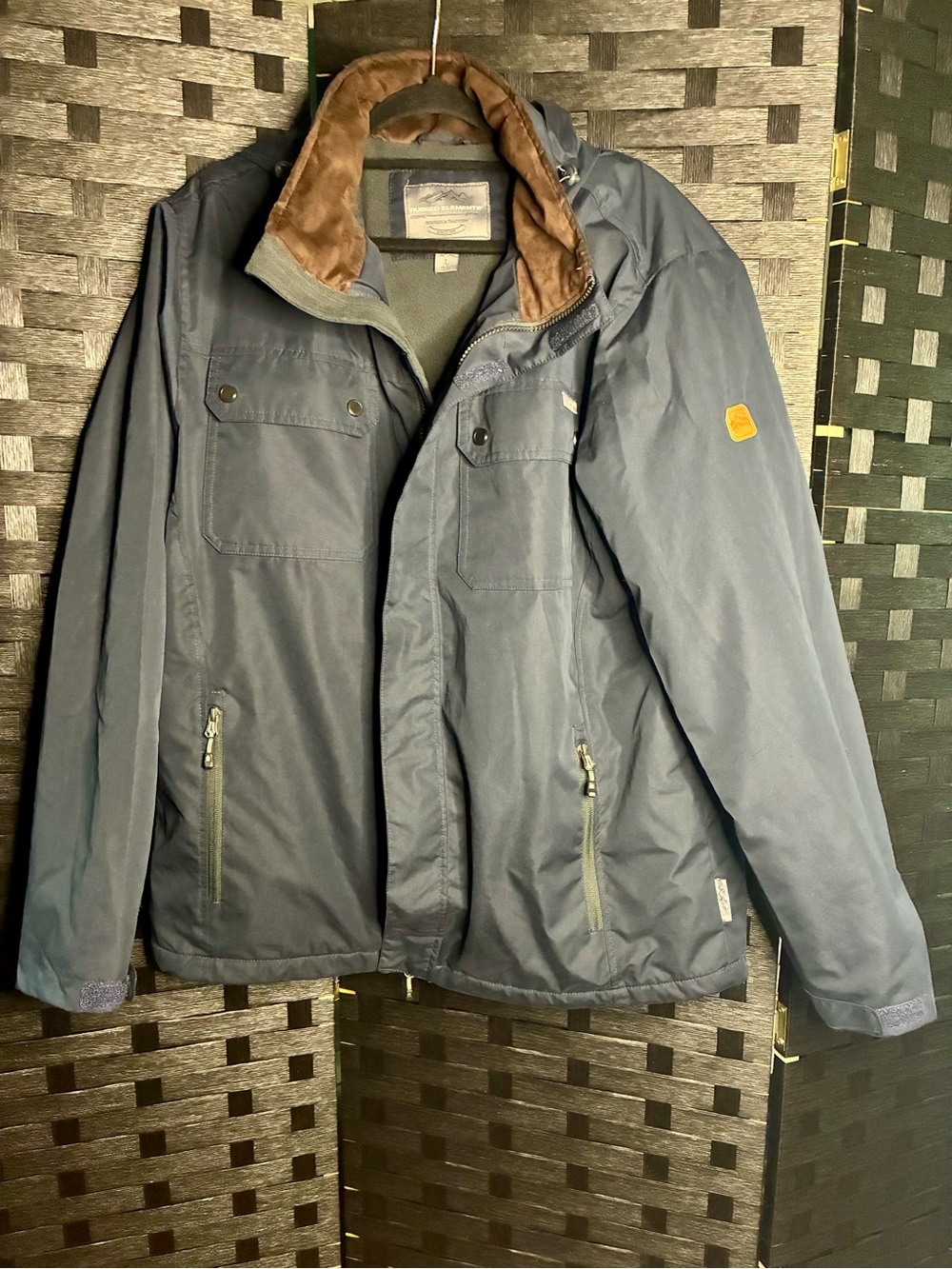Rugged Elements Men's Performance Hooded Jacket in Navy with Brown Collar